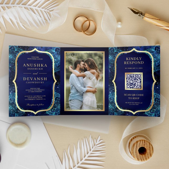 Invitation Trois Volets Royal Blue Galaxy Mandala QR Code Mariage indien (Créateur téléchargé)