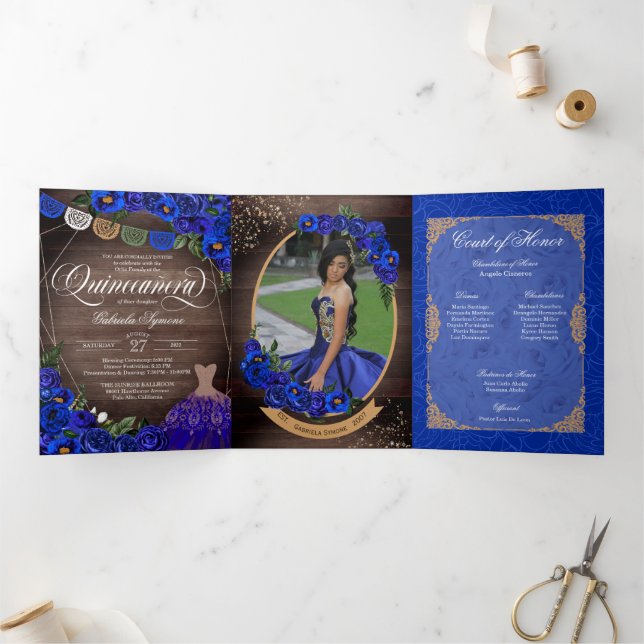Invitation Trois Volets Royal Blue Rose Gold Charro Photo Quinceañera (Intérieur)