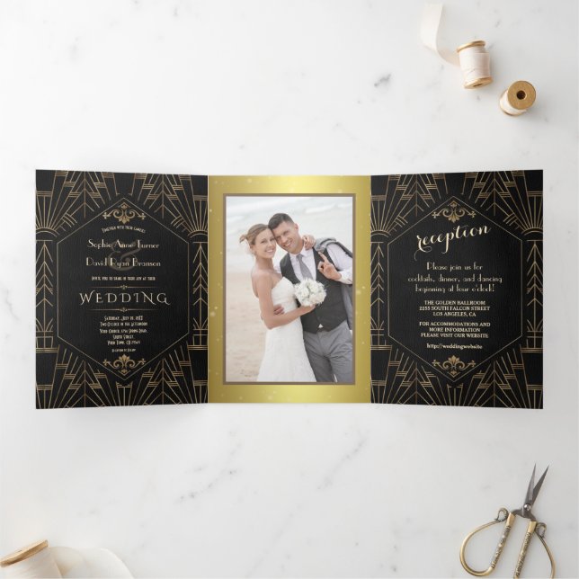 Invitation Trois Volets Royal Gold Black Great Gatsby 1920 Mariage (Intérieur)