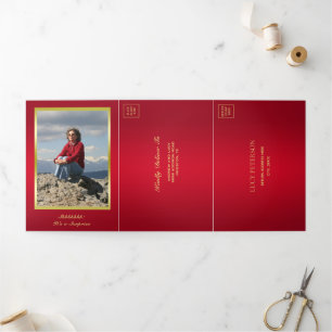 Invitation Trois Volets Ruby, Gold Photo, QR Code 50th Surprise Birthday