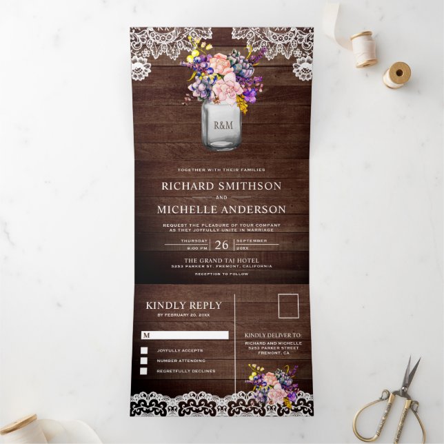 Invitation Trois Volets Russe Bois Lilac Rose Rose Mason Jar Mariage dente (Intérieur)