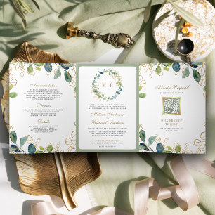 Invitation Trois Volets Russe Eucalyptus Wreath QR Code Mariage