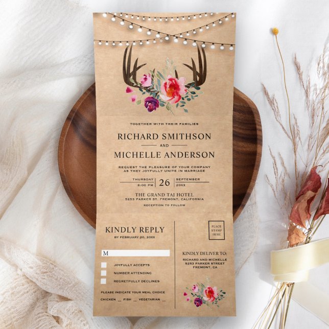 Invitation Trois Volets Russe Kraft String éclaire Floral Antler Mariage (Créateur téléchargé)