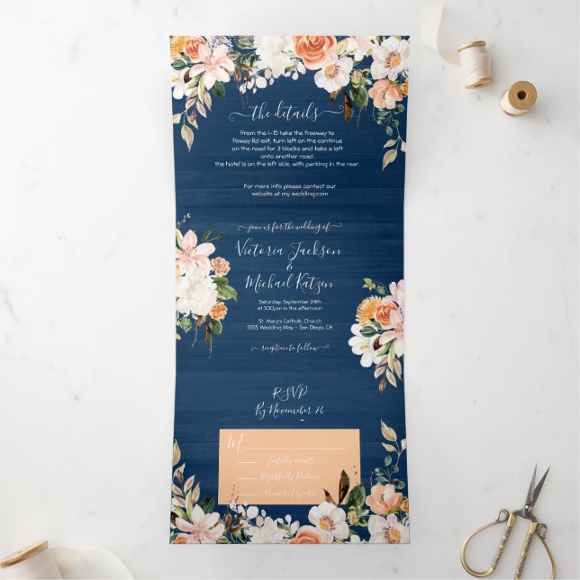 Invitation Trois Volets Russe Marine Blue Blush & Peach Mariage (Intérieur)