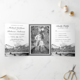Invitation Trois Volets Russe Mountain Forest Lake en un seul Mariage