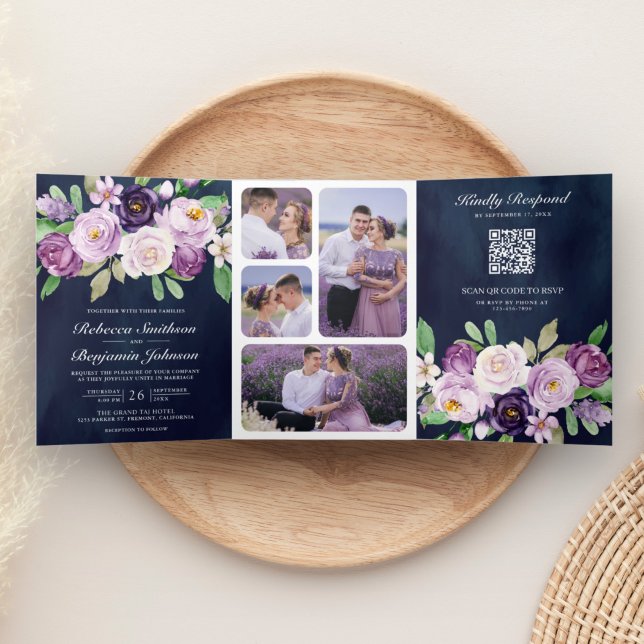 Invitation Trois Volets Russe violet Floral QR Code Marine Mariage bleu (Créateur téléchargé)