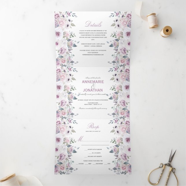 Invitation Trois Volets Russe Violet & Rose Aquarelle Rose Mariage (Intérieur)