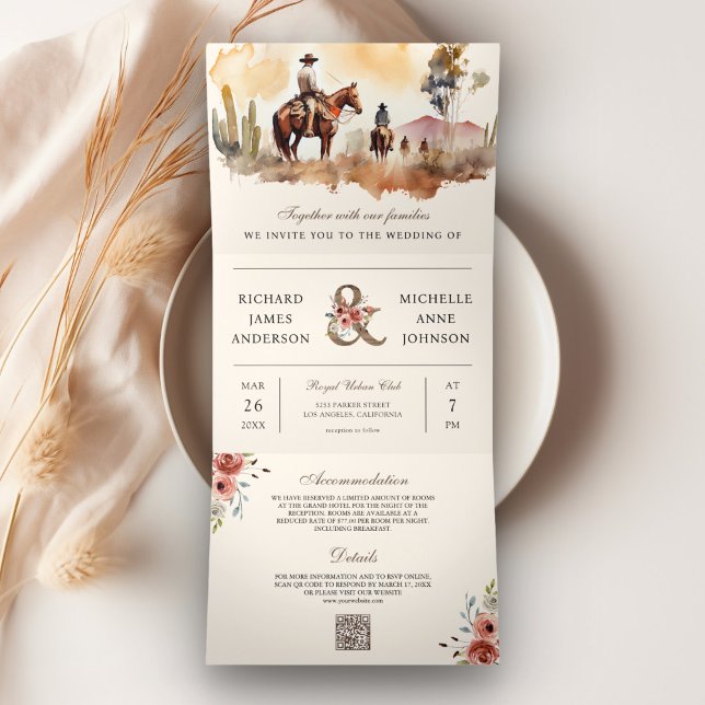 Invitation Trois Volets Russe Western Cowboy tout en un QR Code Mariage (Créateur téléchargé)