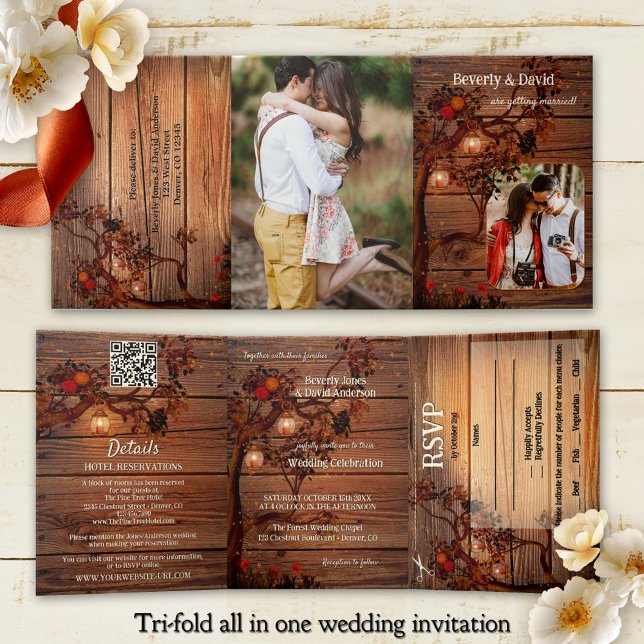 Invitation Trois Volets Rustic Autumn Tree Photo Wedding  (Tri-fold all in one photo wedding invitation showing a rustic wood design with fall tree and lantern)
