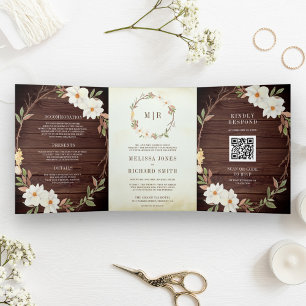 Invitation Trois Volets Rustic Barn Wood Magnolia Floral QR Code Mariage