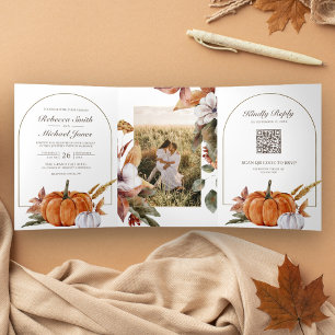 Invitation Trois Volets Rustic Boho Citrouille Photo QR Code Mariage