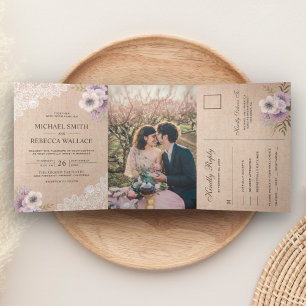 Invitation Trois Volets Rustic Country Burlap Dentelle rose Mariage Floral