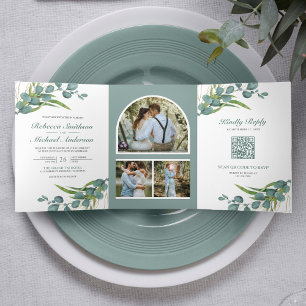 Invitation Trois Volets Rustic Eucalyptus Photo Collage QR Code Mariage