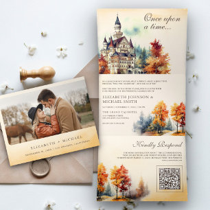 Invitation Trois Volets Rustic Fairytale Castle QR Code Story Mariage de l