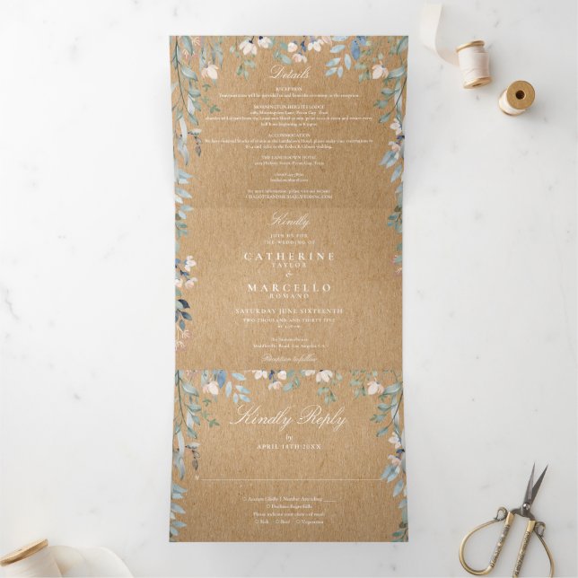 Invitation Trois Volets Rustic Kraft Floral Fleur sauvage Mariage photo (Intérieur)