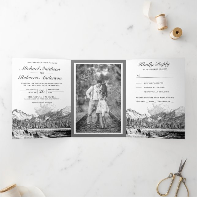 Invitation Trois Volets Rustic Mountain Forest Lake Tout en un Mariage (Intérieur)