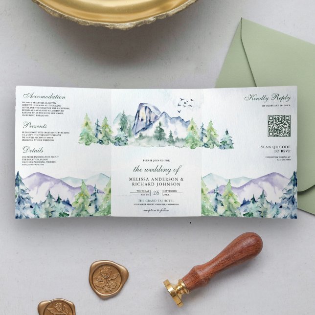 Invitation Trois Volets Rustic Mountain Pine Trees Forêt QR Code Mariage (Créateur téléchargé)
