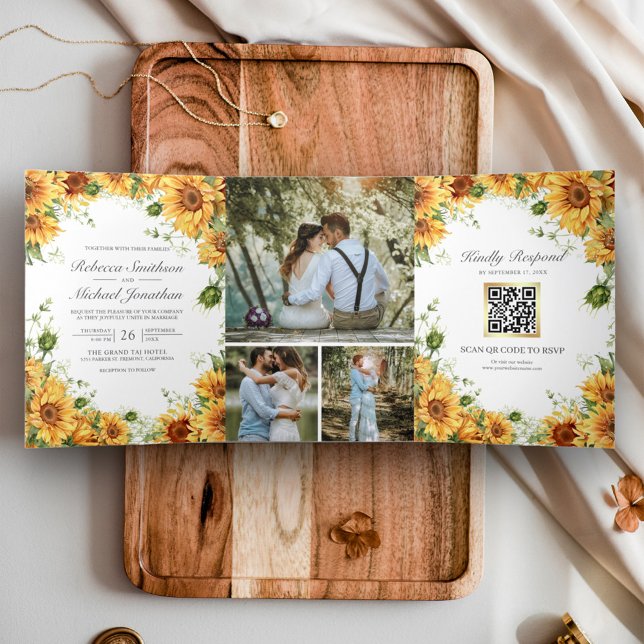 Invitation Trois Volets Rustic Sunflower Photo Collage QR Code Mariage (Créateur téléchargé)