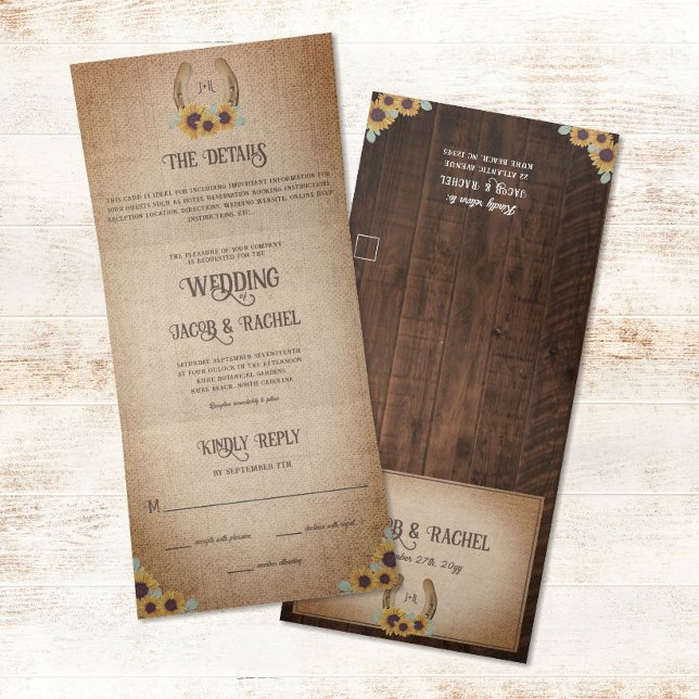 Invitation Trois Volets Rustic Western Horseshoe & Sunflowers Mariage (Créateur téléchargé)