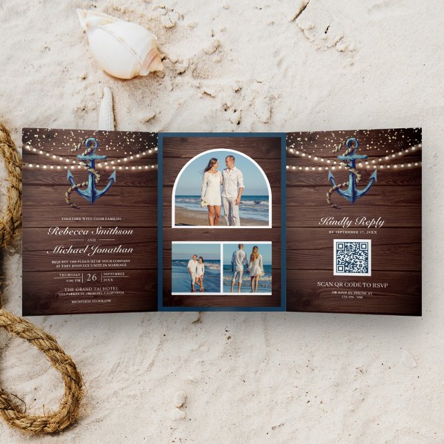 Invitation Trois Volets Rustic Wood Ancre bleu QR Code Mariage (Créateur téléchargé)