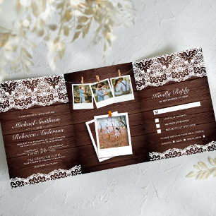Invitation Trois Volets Rustic Wood Country dentelle photo Collage Mariage