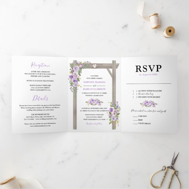 Invitation Trois Volets Rustique 3 en 1 Aquarelle violette Mariage floral (Intérieur)