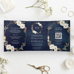 Invitation Trois Volets Rustique blanc Magnolia Floral QR Code Mariage de 