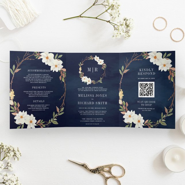 Invitation Trois Volets Rustique blanc Magnolia Floral QR Code Mariage de  (Créateur téléchargé)