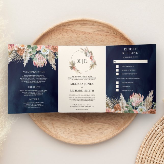 Invitation Trois Volets Rustique Bohème Floral Terrien Pampas Bleu Nuit Ma (Créateur téléchargé)