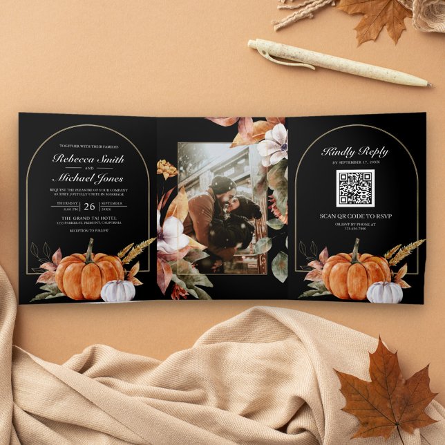 Invitation Trois Volets Rustique Boho Citrouille Photo QR Code Mariage noi (Créateur téléchargé)