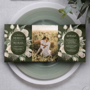 Invitation Trois Volets Rustique Boho Ivoire Roses Dark Sage Vert Mariage