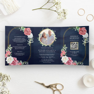 Invitation Trois Volets Rustique Boho rose Roses Floral Navy QR Code Maria