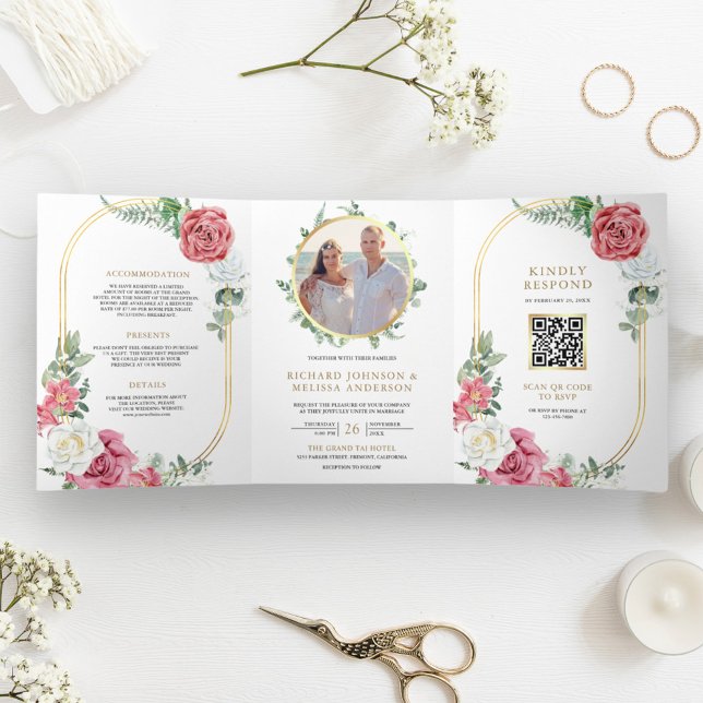 Invitation Trois Volets Rustique Boho rose Roses Floral QR Code Mariage (Créateur téléchargé)