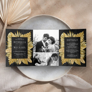 Invitation Trois Volets Rustique Boho séché Palm Photo Collage Mariage noi