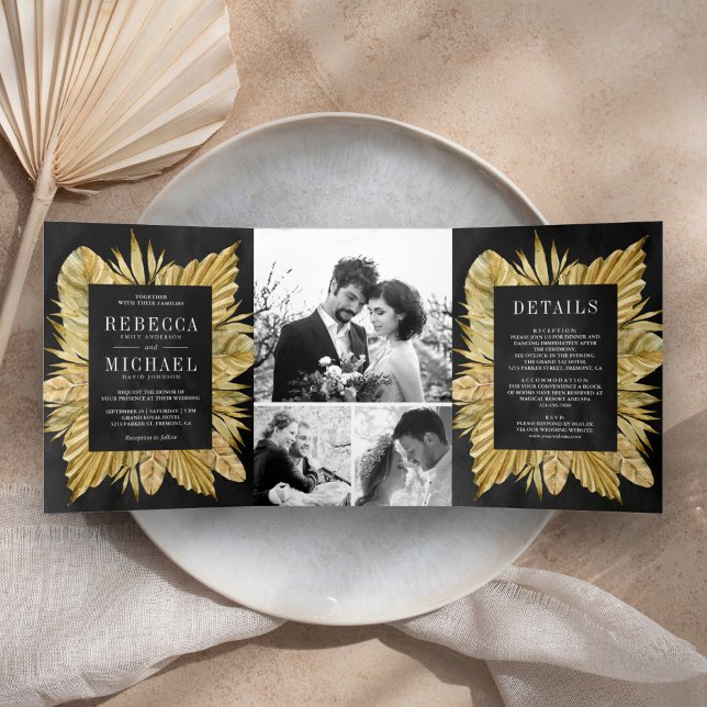 Invitation Trois Volets Rustique Boho séché Palm Photo Collage Mariage noi (Créateur téléchargé)