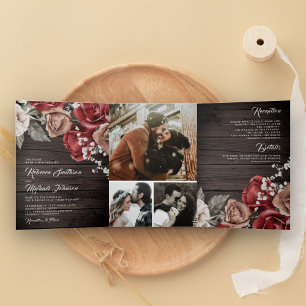 Invitation Trois Volets Rustique Bois Bourgogne Roses Rouges Mariage photo