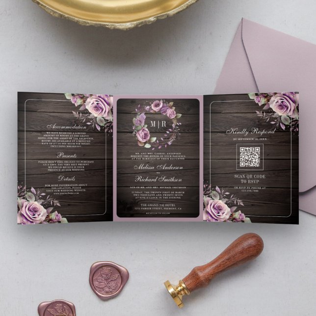 Invitation Trois Volets Rustique Bois Dusty Violet Floral QR Code Mariage (Créateur téléchargé)
