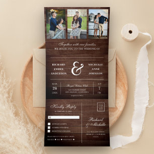 Invitation Trois Volets Rustique Bois Minimal 3 en 1 Mariage Photo Collage