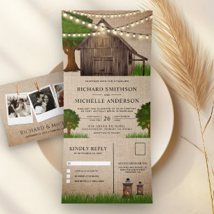 Invitation Trois Volets Rustique Burlap Farm Bois Grange Chaîne Mariage