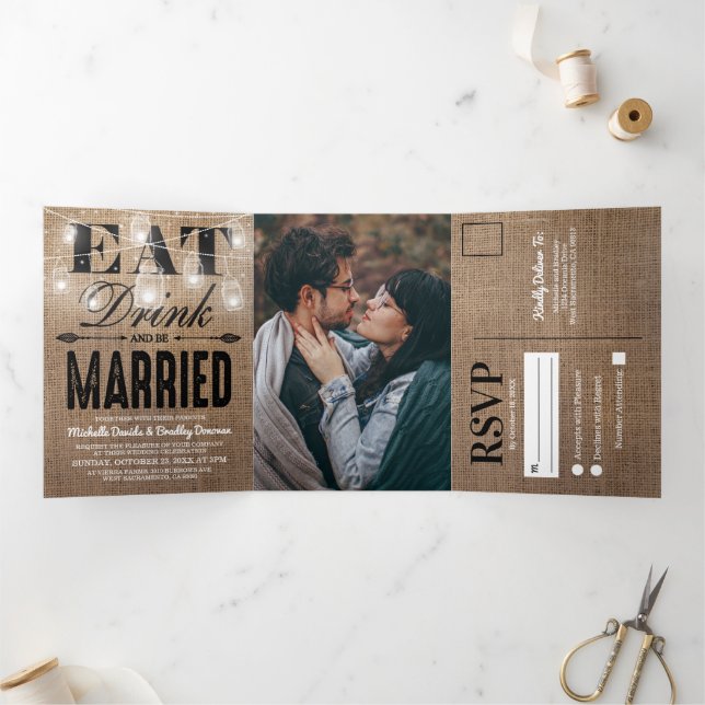 Invitation Trois Volets Rustique Burlap Mason Jar tout en un Mariage (Intérieur)