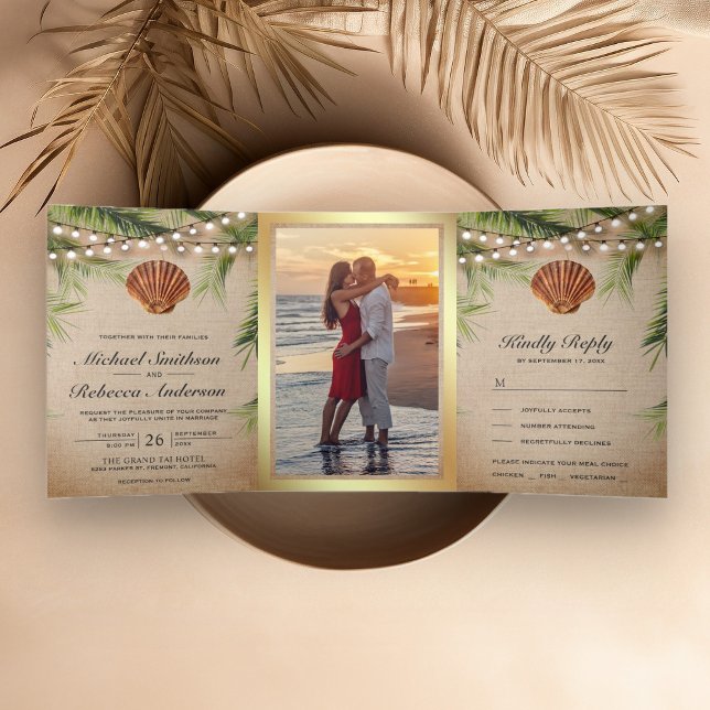Invitation Trois Volets Rustique Burlap Tropical Palm Leaf Seashell Mariag (Créateur téléchargé)