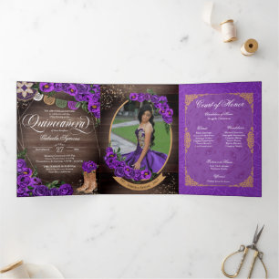 Invitation Trois Volets Rustique Charro Royal violet Rose Quinceañera