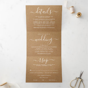 Invitation Trois Volets Rustique Country Kraft Simple Script Mariage Suite