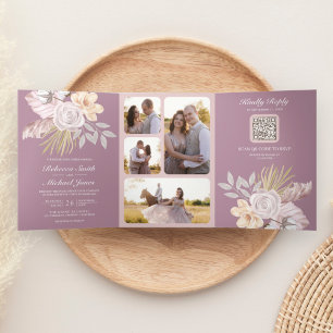 Invitation Trois Volets Rustique Dusty Mauve rose Floral QR Code Mariage