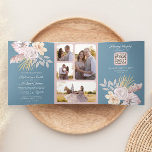 Invitation Trois Volets Rustique Dusty Rose rose Floral QR Code Mariage