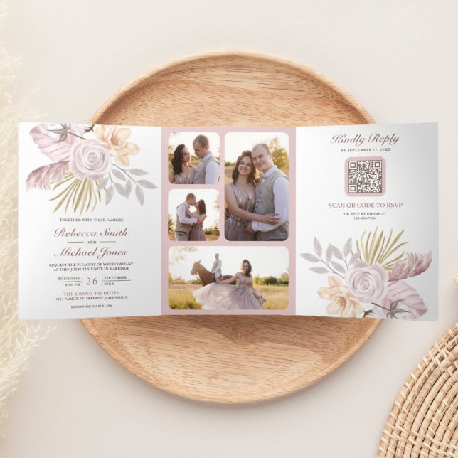 Invitation Trois Volets Rustique Dusty Rose rose Floral QR Code Mariage (Créateur téléchargé)