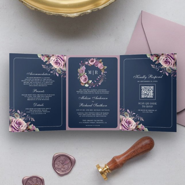 Invitation Trois Volets Rustique Dusty violet Floral Navy QR Code Mariage (Créateur téléchargé)