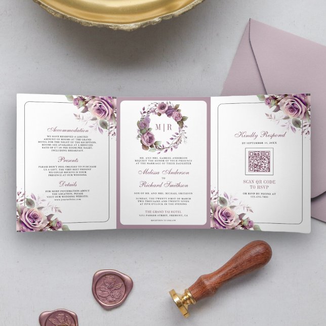 Invitation Trois Volets Rustique Dusty violet Floral QR Code Mariage (Créateur téléchargé)