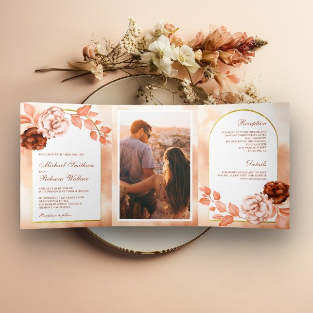 Invitation Trois Volets Rustique Earthy Aquarelle Floral Terracotta Mariag (Créateur téléchargé)