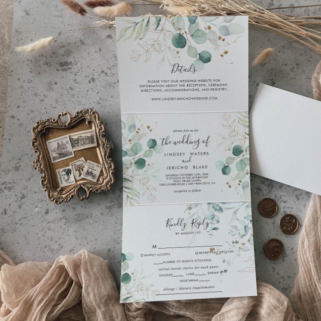Invitation Trois Volets Rustique Eucalyptus Gold Floral (Créateur téléchargé)
